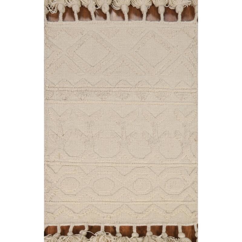 Geometric Moroccan Oriental Foyer Rug Hand-Knotted Ivory Wool Carpet - 2'0"x 3'0"