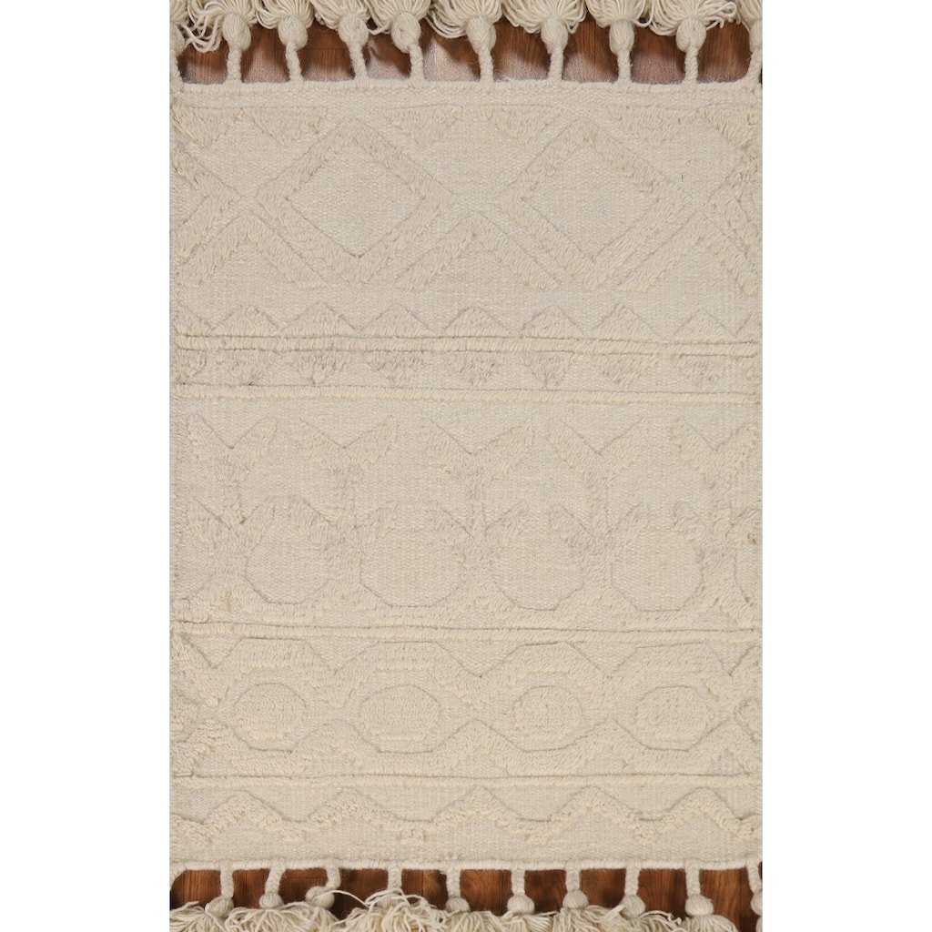 Geometric Moroccan Oriental Foyer Rug Hand-Knotted Ivory Wool Carpet - 2'0"x 3'0"