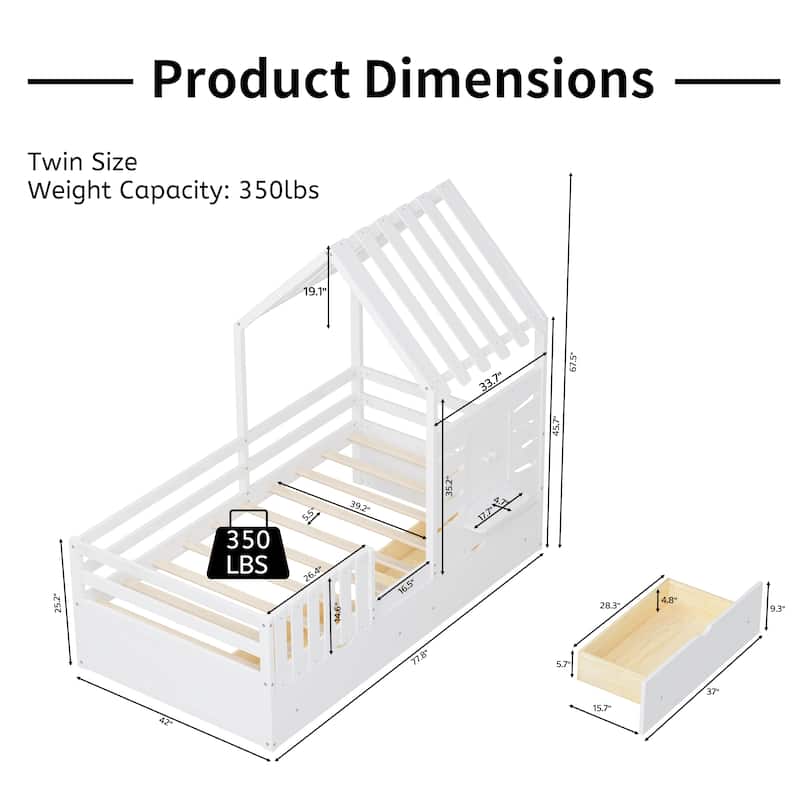 Twin Size House Bed for Kids, Twin Bed with Rails and 2 Storage Drawers, Wooden Playhouse Beds with Roof and Window