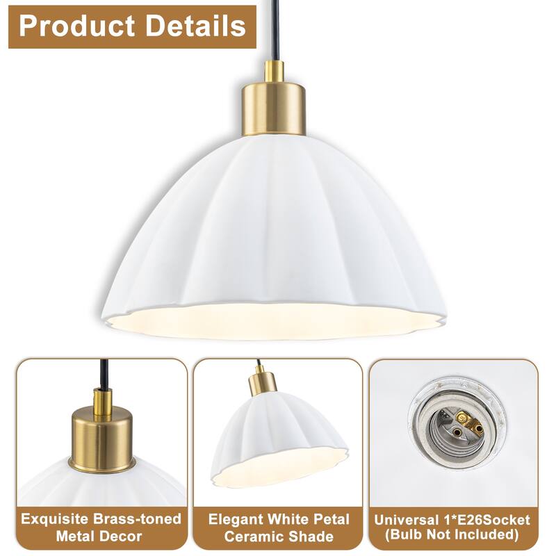 1-Light Pendant Light with Fluted White Ceramic Dome & Brass Accents - Dia.9.65-in