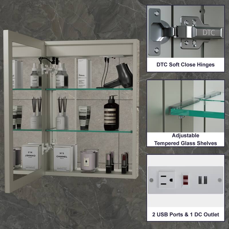 Chloe LED Medicine Cabinet with Mirror, Dimmable, Anti-fog, Adjustable Glass Shelves, Recessed or Surface Mount