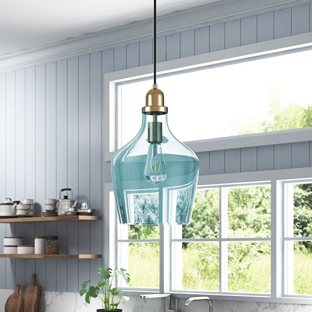 Modern 1-Light Hand Blown Blue Glass Kitchen Island Pendant Lamp Ajustable Height