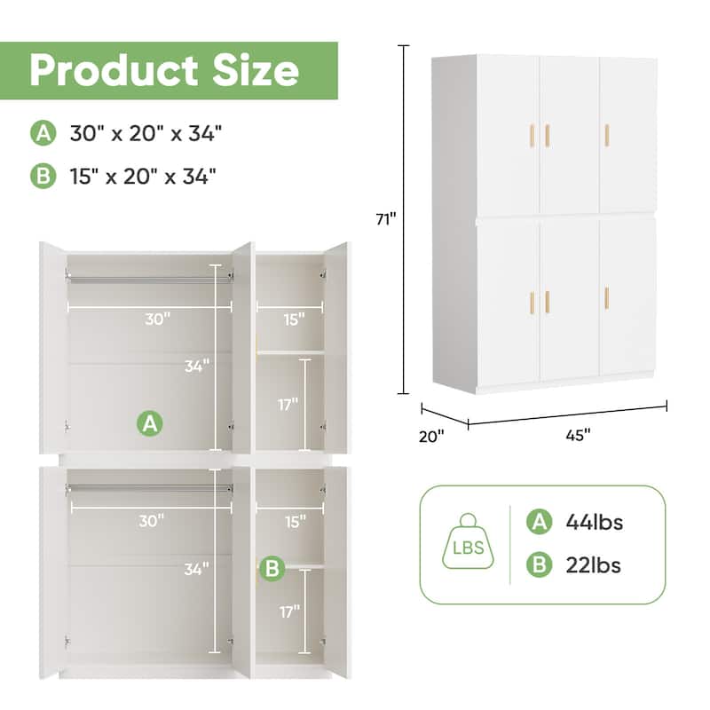 Pocassy 71" Clothing Storage Cabinets with Hanging Rod