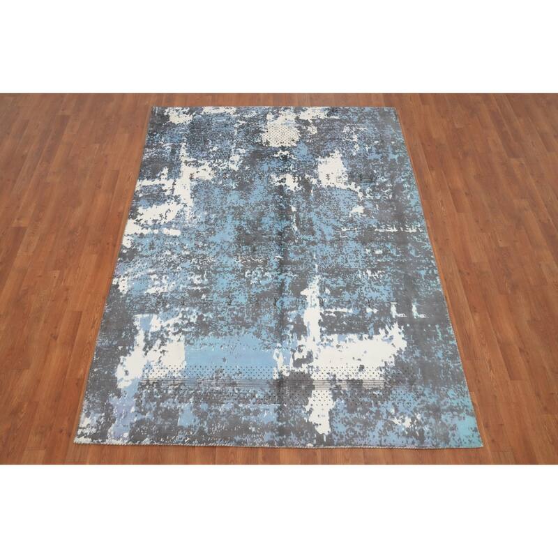 Hand Knotted Oriental Viscose Silk Carpet Modern Abstract Navy Blue & Blues Abstract Area Rug - 7' 5'' X 5' 4''