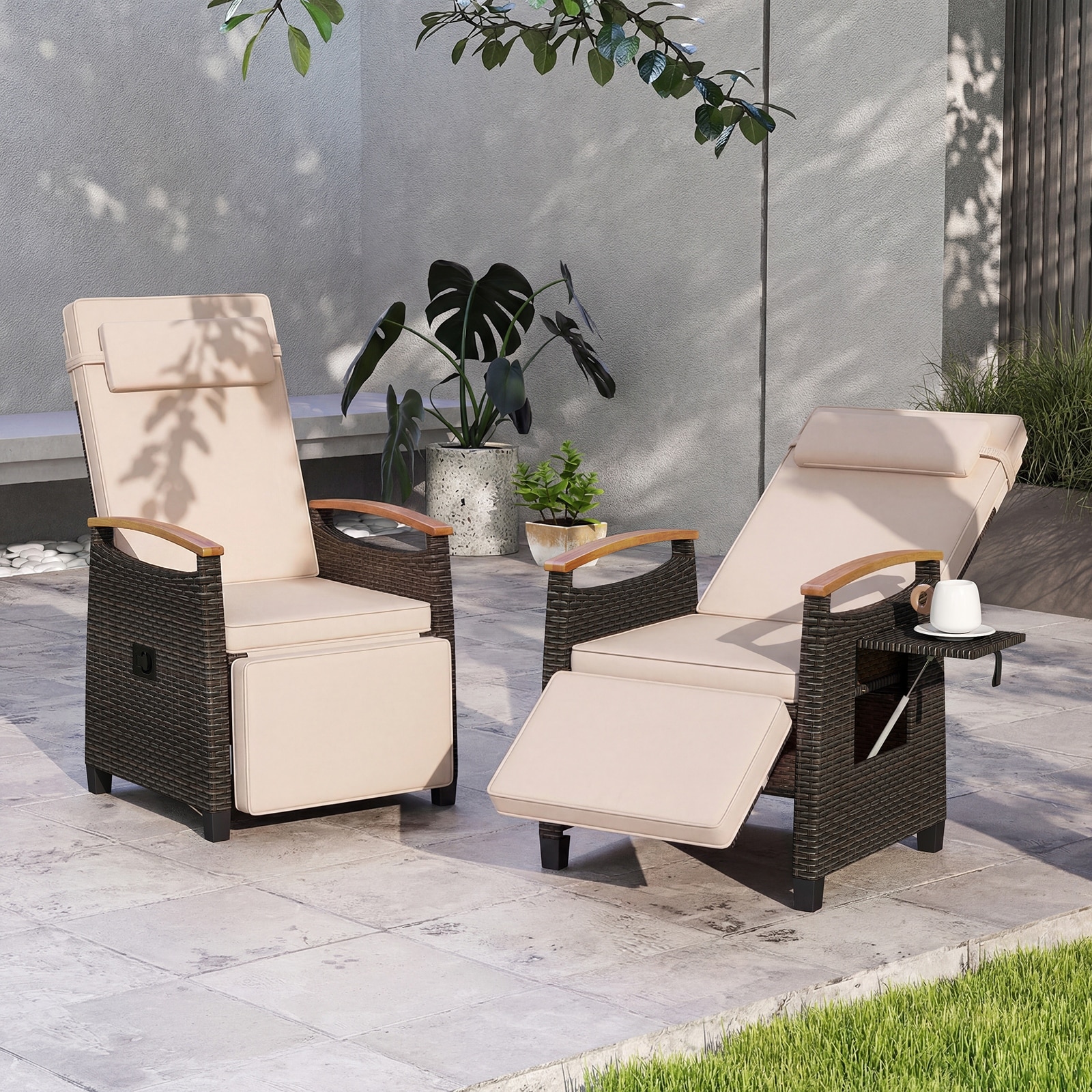 Gymax Set of 2 Patio Wicker Recliner Chair Rattan Lounge Chair w/