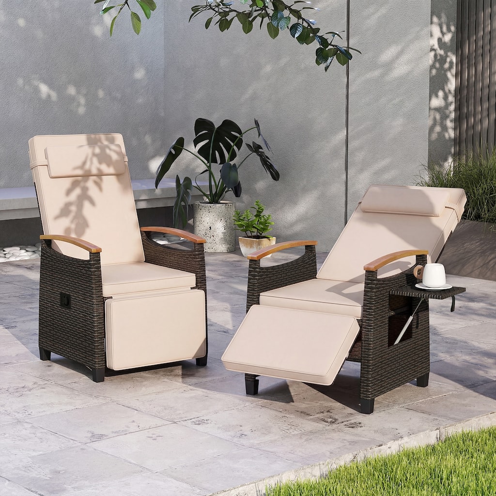 Gymax Set of 2 Patio Wicker Recliner Chair Rattan Lounge Chair w/