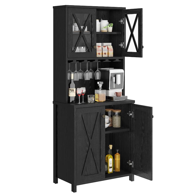 Moasis Coffee Bar Cabinet Kitchen Storage Cabinet with 2 Glass Doors & Wine Racks - Black