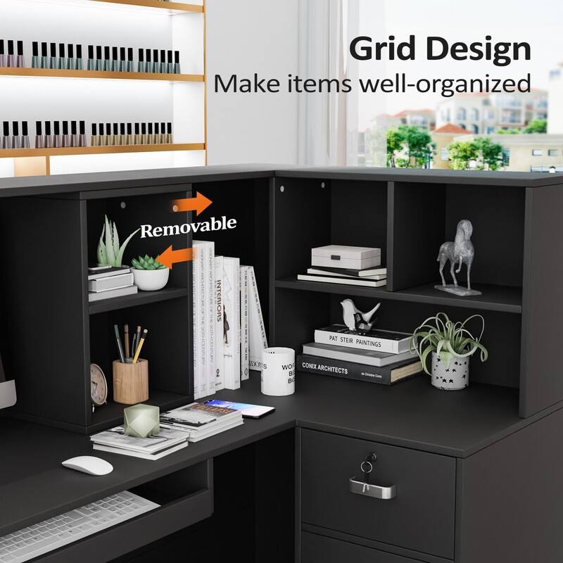 L-Shaped Modern Reception Desk Front Desk with Moveable Shelves and Lockable Drawers