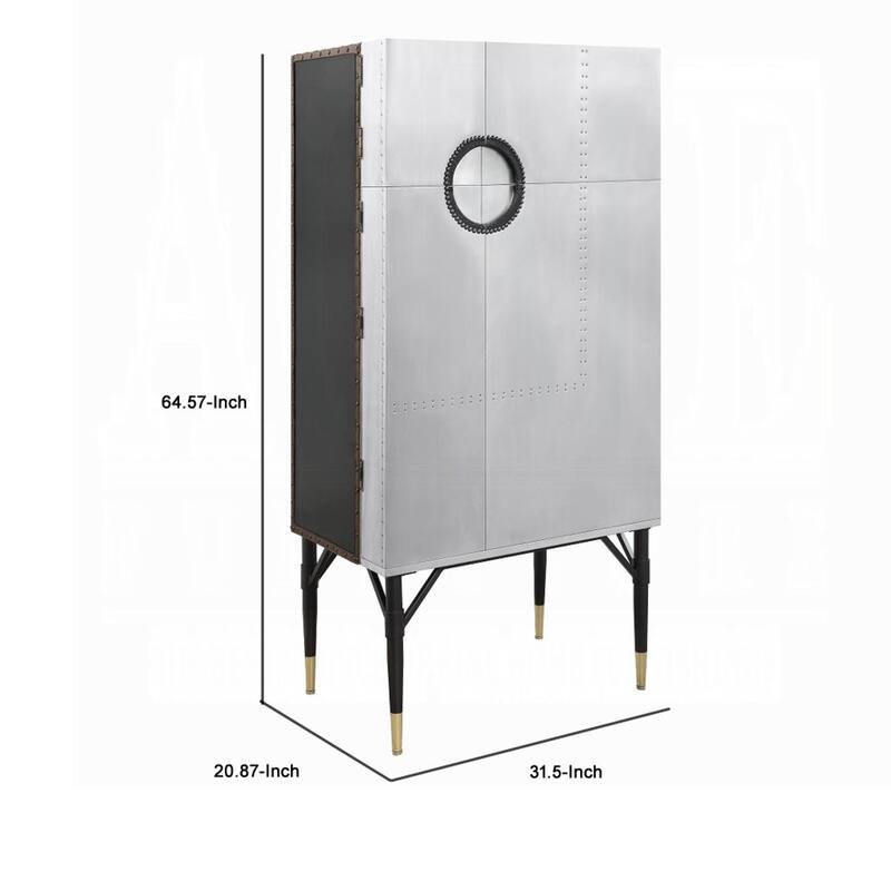 Wine Cabinet, Industrial Retro Chrome Metal, 65 Inch, Silver and Black