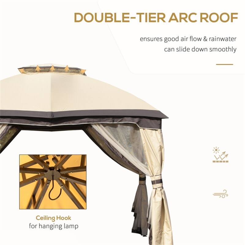 Beige-Black-Dark Coffee Steel Polyester Outdoor Gazebo with Netting and Hook - 12' L x 9.8' W x 9.8' H