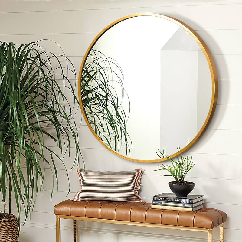 Wall Round Mirror 30'' Modern Brushed Metal Frame Wall-Mounted