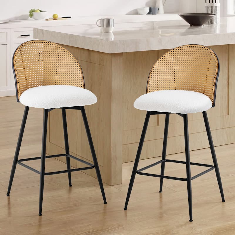 26-Inch Swivel Counter Height Bar Stools with Rattan Back - 36"H x 18.5"W x 19.7"D - Set of 2 - Fabric-White