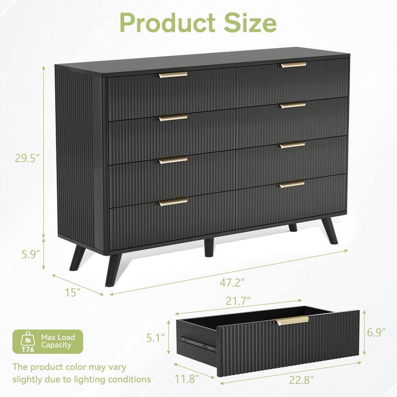 Gymojoy 8 Drawer Fluted Dresser for Bedroom, Modern Wave Pattern Wood Chest with Gold Handles, Boho Storage Dresser