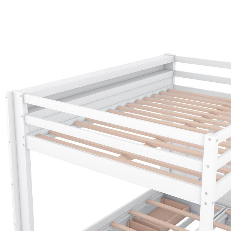Convertible Full Size Bunk Bed with Storage Staircase, Bedside Table, and 3 Drawers, White