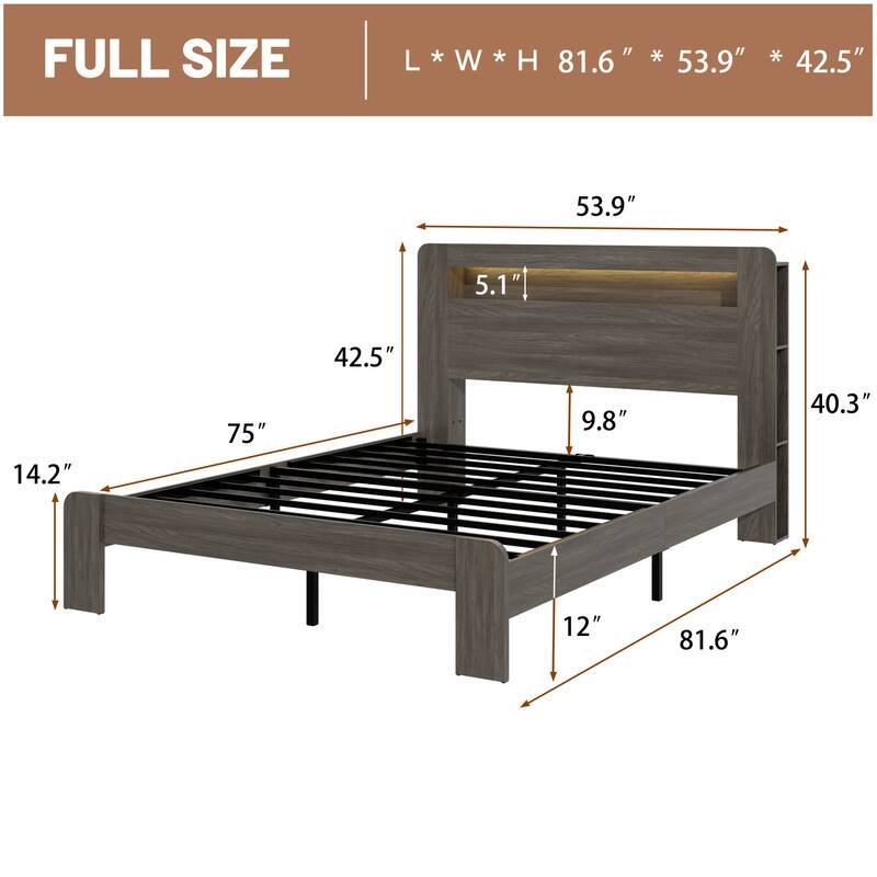 Full/ Queen/ King Size American Style Wood Bed Frame w/ LED Light, Platform Bed w/ Storage Headboard and Charging Station