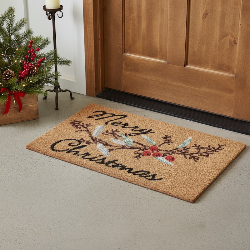 HomeRoots 17" X 29" Natural And Brown Merry Christmas Outdoor Coir Door Mat - 17.00' X '29.00 - 17.00' X '29.00