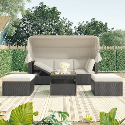 HOMEFUN Outdoor Rattan Wicker Patio Rectangle Daybed with Retractable Canopy