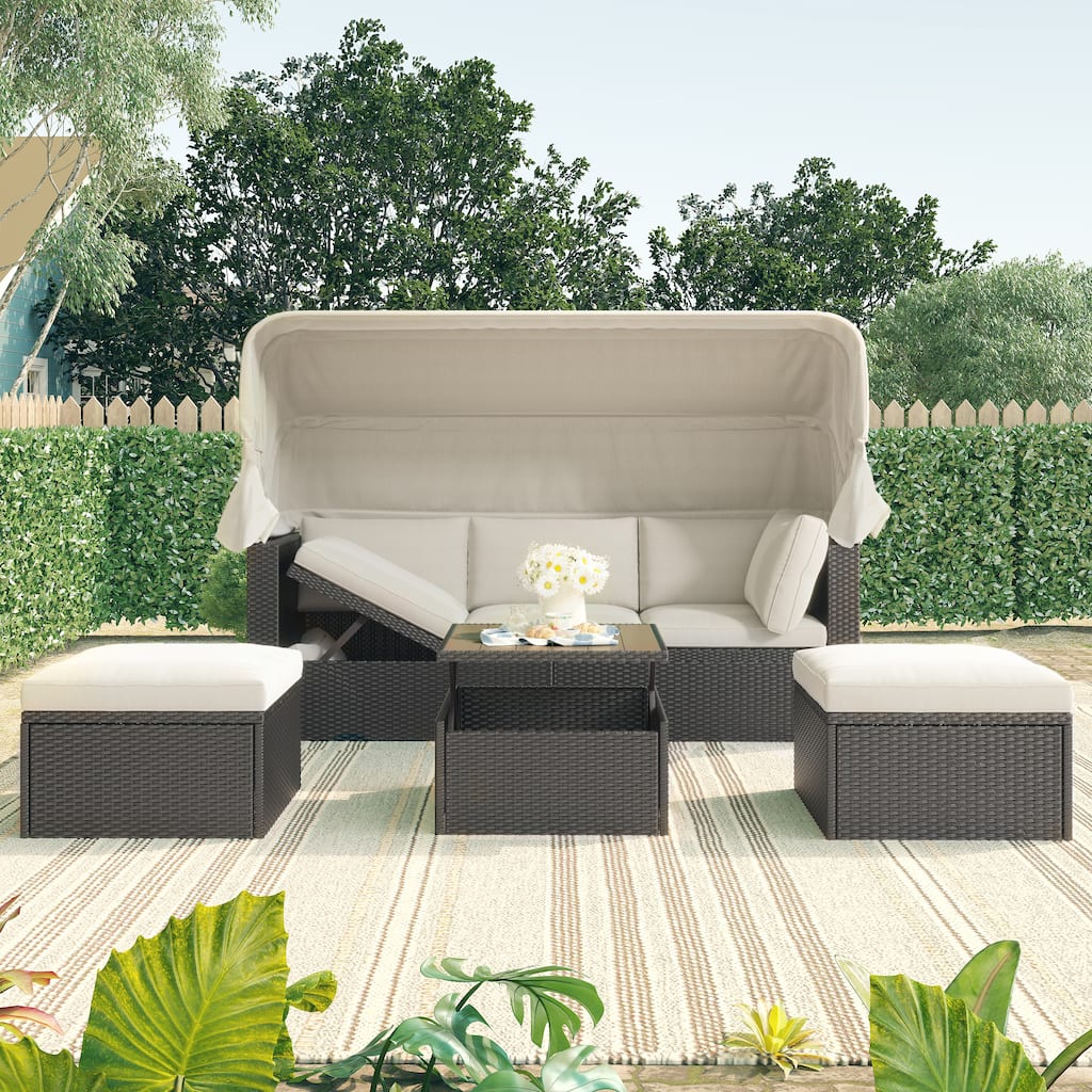 HOMEFUN Outdoor Rattan Wicker Patio Rectangle Daybed with Retractable Canopy