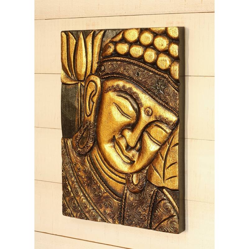 16" Silver Buddha Wall Panel - Hand Carved Decorative Wood Relief, Zen Spiritual Wall Art