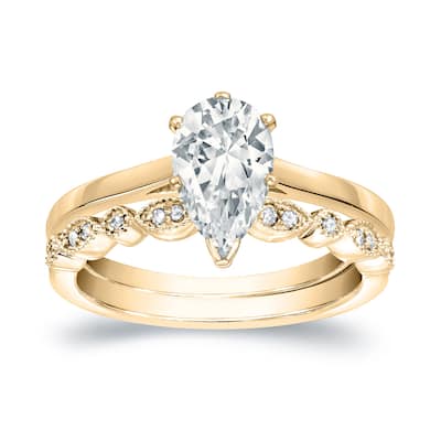 Auriya 14k Gold 1ctw Vintage Pear Shape Solitaire Diamond Engagement Ring Set