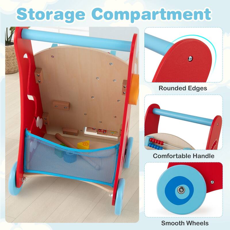 Gymax Wooden Baby Walker Baby Push Walker w/ Handle Storage & Wheels