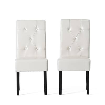 Alina Dining Chair Set of 2, Tufted Ivory Bonded Leather, Black Wood