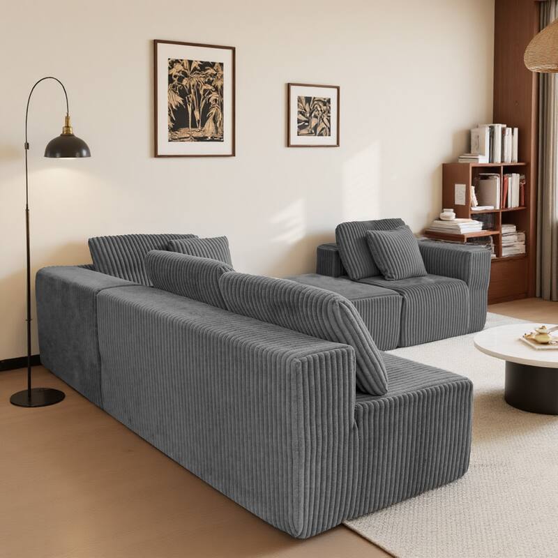 132-inch 4-Seater with Reversible Chaise Lounge Gray Striped Corduroy Fabric