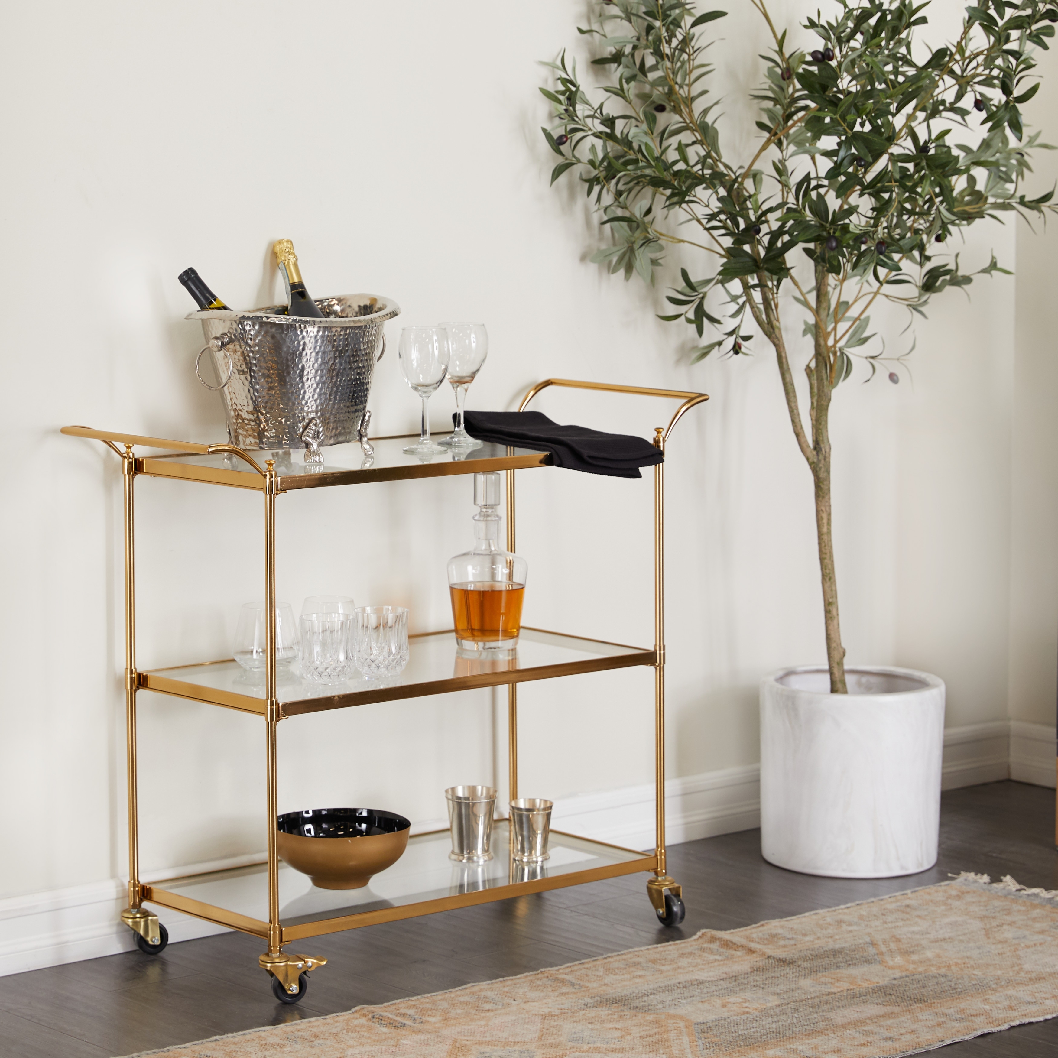 Luxurious Anitque Brass Bar Cart w/ Tempered Glass Shelf and Stylish Railings 