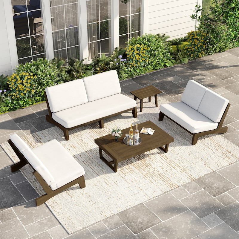Casual Teak Outdoor Patio Conversation Set with Cushioned Sofa Loveaseat - Natural Wood - Beige-5 Piece