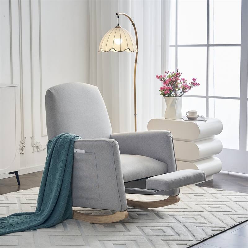 Cotton Linen Fabric Rocking Chair With Adjustable Footrest