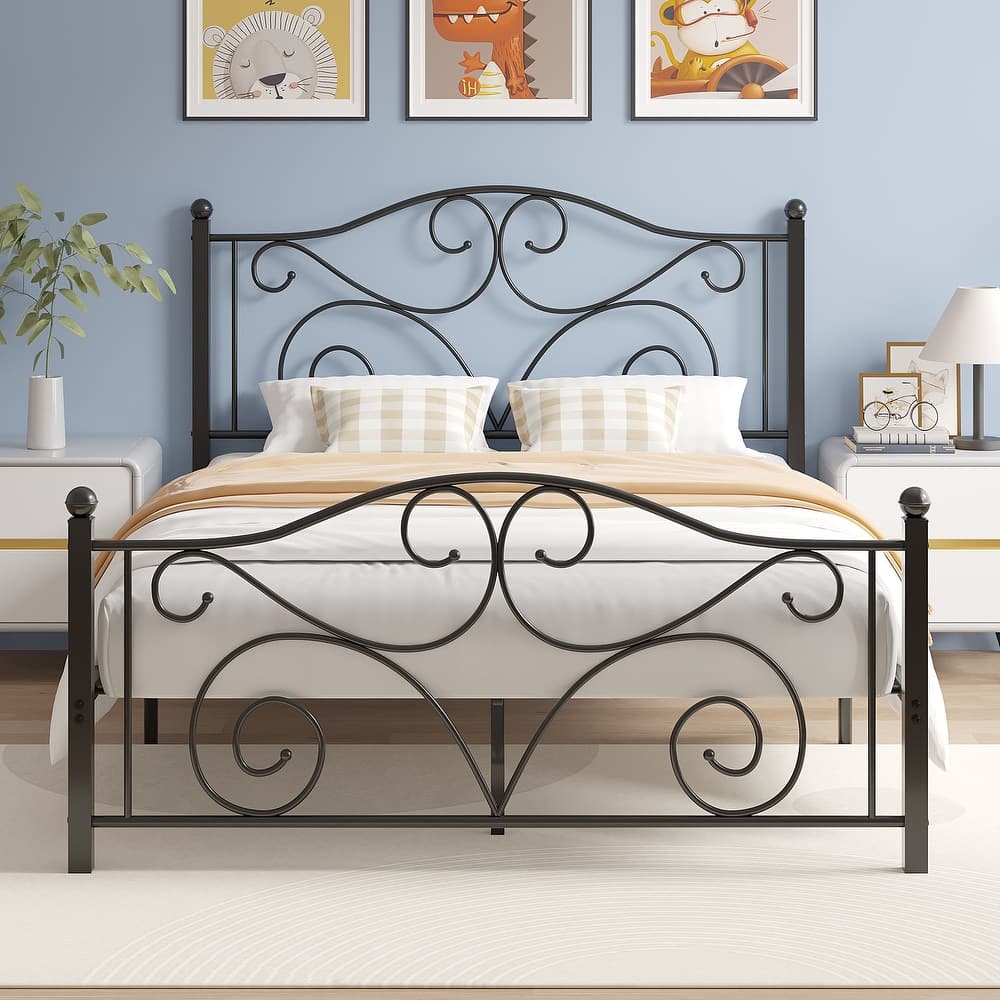 VECELO Victorian Style Metal Bed Frames with Headboard No Box Spring Needed