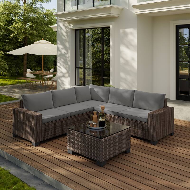 6-Piece Outdoor Patio Furniture Set, PE Wicker Rattan Sectional Sofa Conversation Set with Thickened Cushions and Coffee Table