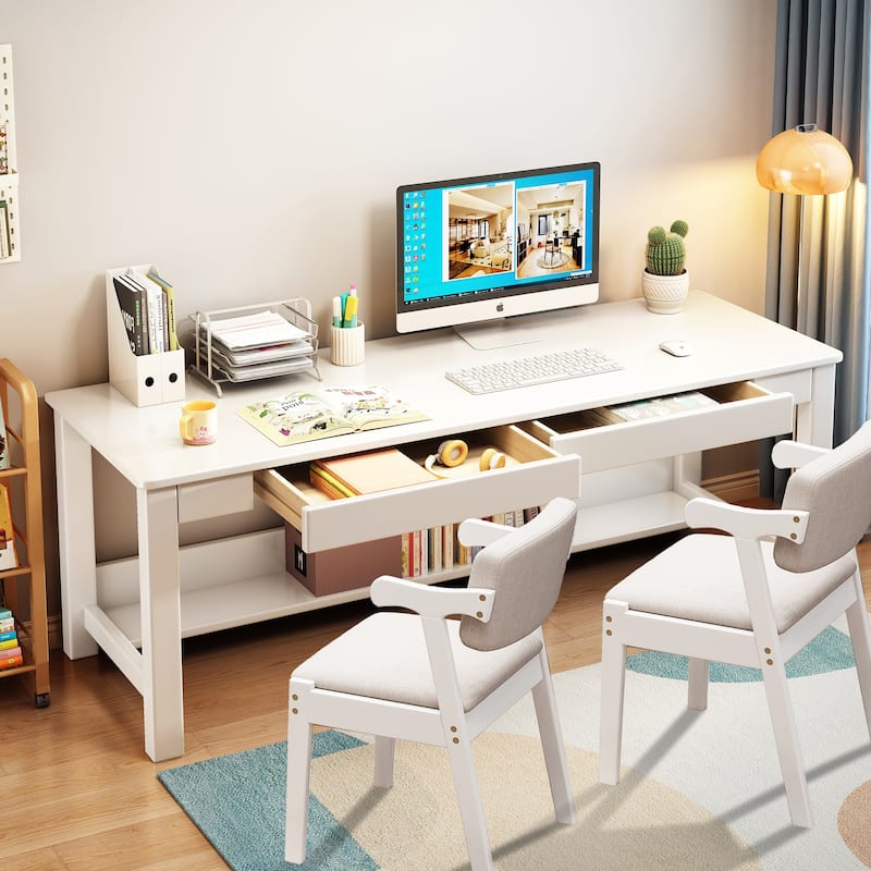 Wooden Desk and Chair Set, Extra Long Computer Desk 2 Person Desk, Double Office Desk - 63" - White