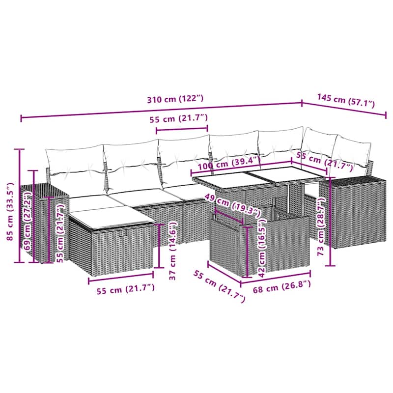 vidaXL Patio Sofa Set with Cushions Outdoor Furniture 8 Piece Poly Rattan
