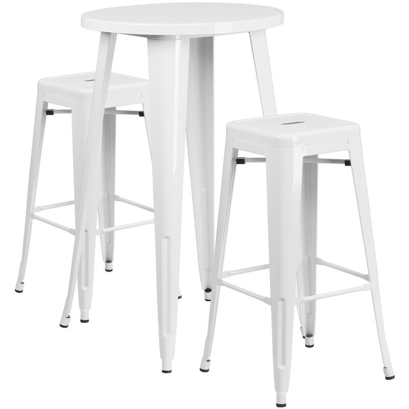 24'' Round Metal Indoor-Outdoor Bar Table Set with 2 Square Seat Backless Stools