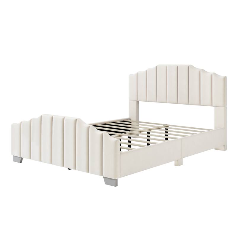 Velvet Upholstered Platform Bed Frame Vertical Channel Wingback Bed Tufted Headboard Footboard, Low Profile Panel Bed