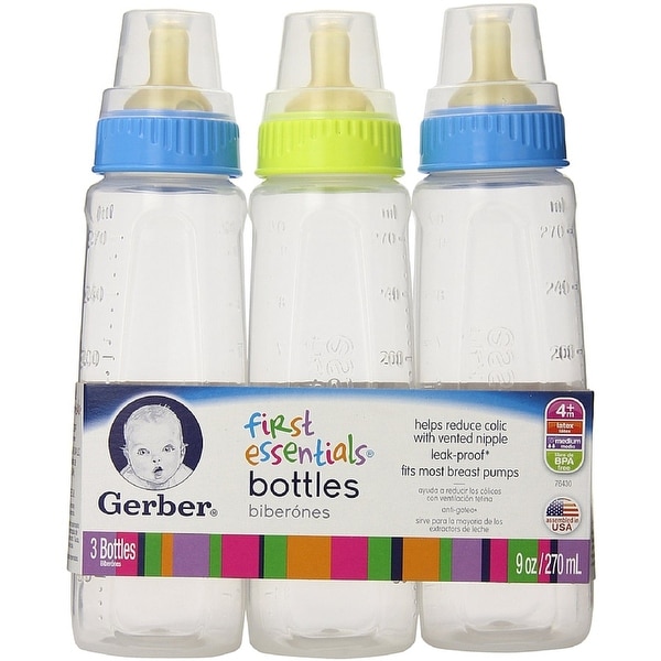 Gerber First Essentials Clear View Bottles Silicone Nipple 9 oz, Assorted Colors 3 ea