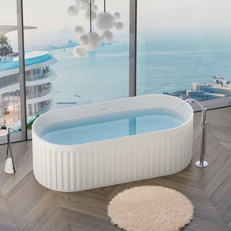 ABRUZZO 67" Freestanding Soaking Solid Surface Bathtub Stone Resin with Overflow and Pop-up Drain