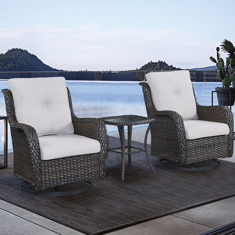 Pocassy 3-Piece Outdoor Swivel Bistro Set, Wicker Rocking Chairs