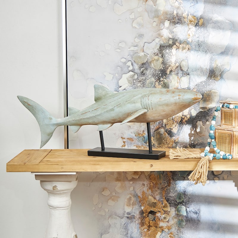 Light Blue Polystone Distressed Shark Decorative Sculpture with Brown Wood Inspired Accents and Black Stand - Light Blue