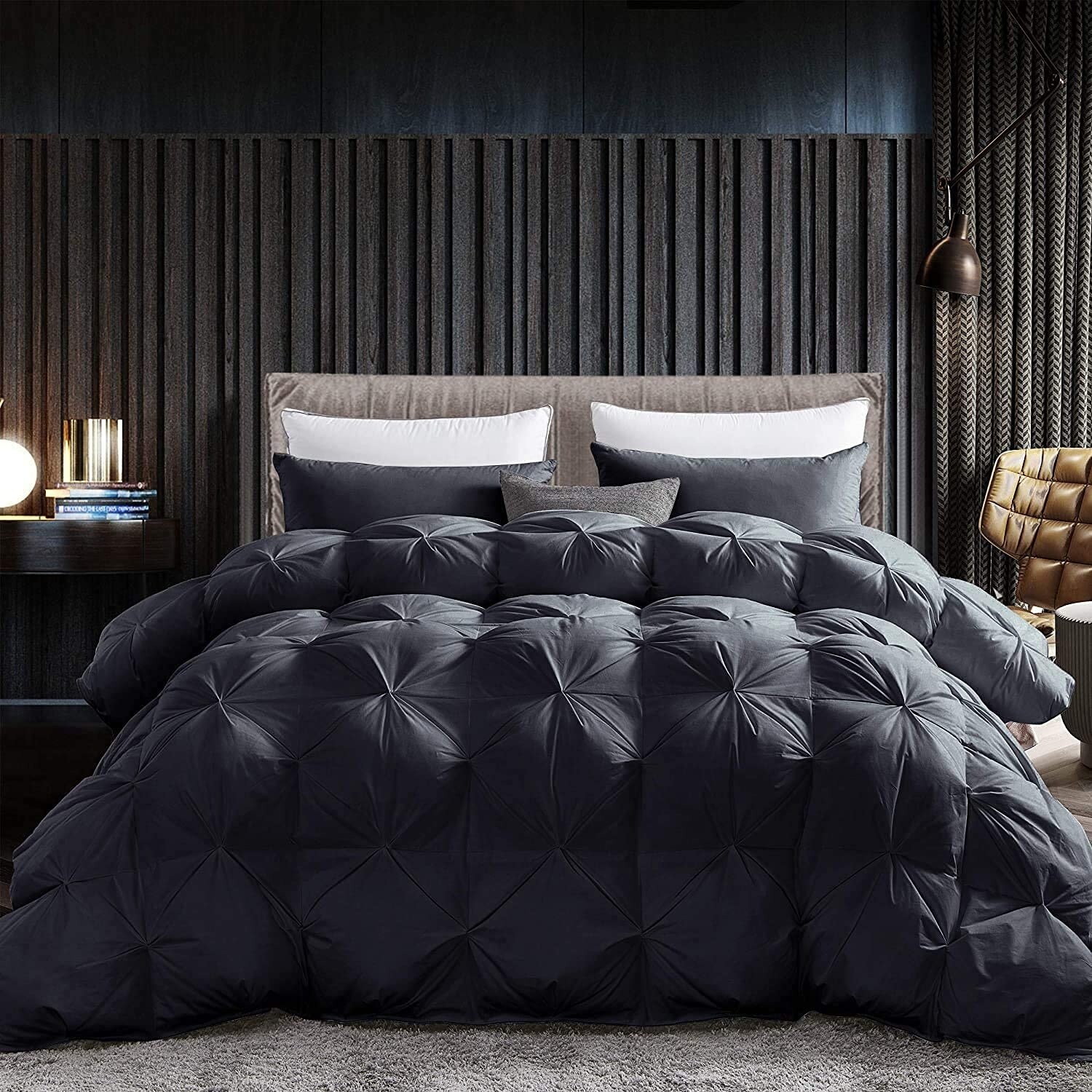 Luxurious Goose Down Feather Fiber Comforter Exquisite Pinch Pleat Design Black 108 x 98 75 oz Fill Weight Oversize Cal King Bed Bath Beyond 40277911