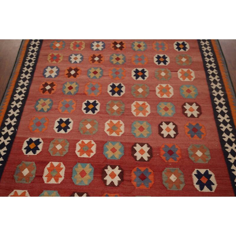 Kilim Qashqai Persian Vintage Rug Hand-Woven Pink Wool Carpet - 5'0"x 7'10"