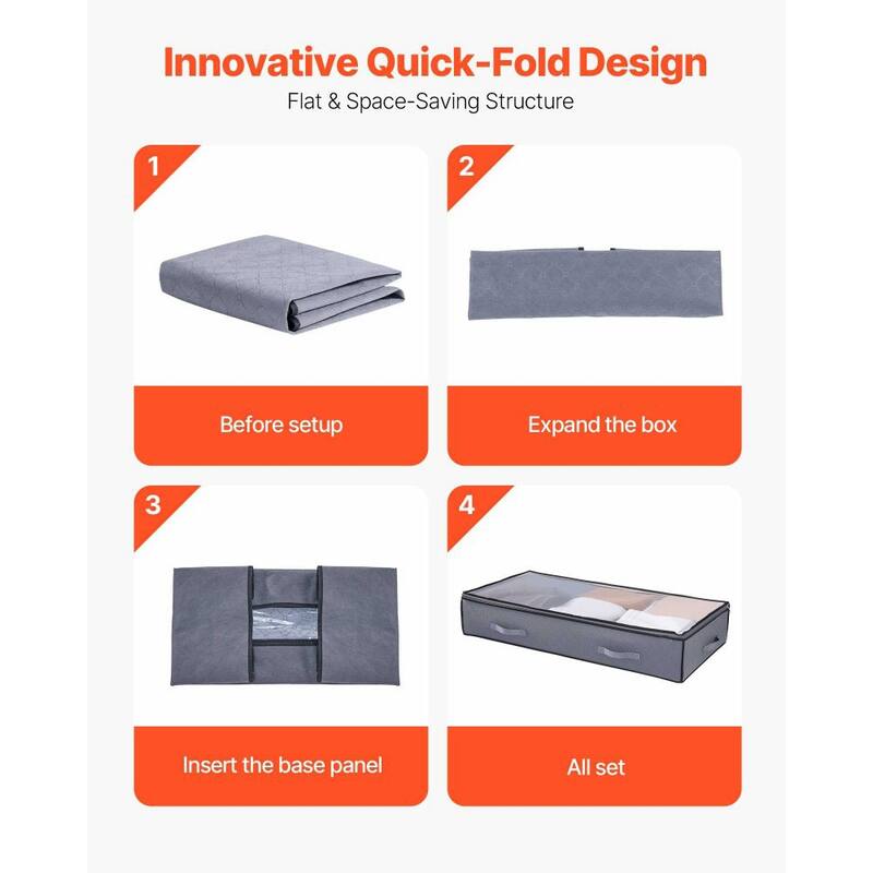 Grey Fabric Under-Bed Storage Bag 90L Foldable with Double Zipper and PVC Top 6 Pack - 39.2 x 19.7 x 7.1 inch
