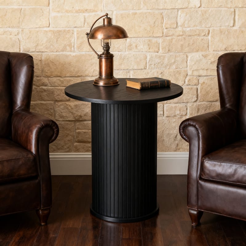Round Tambour End Table, Mid-Century Modern Small Side Table for Living Room, Bedroom - Black