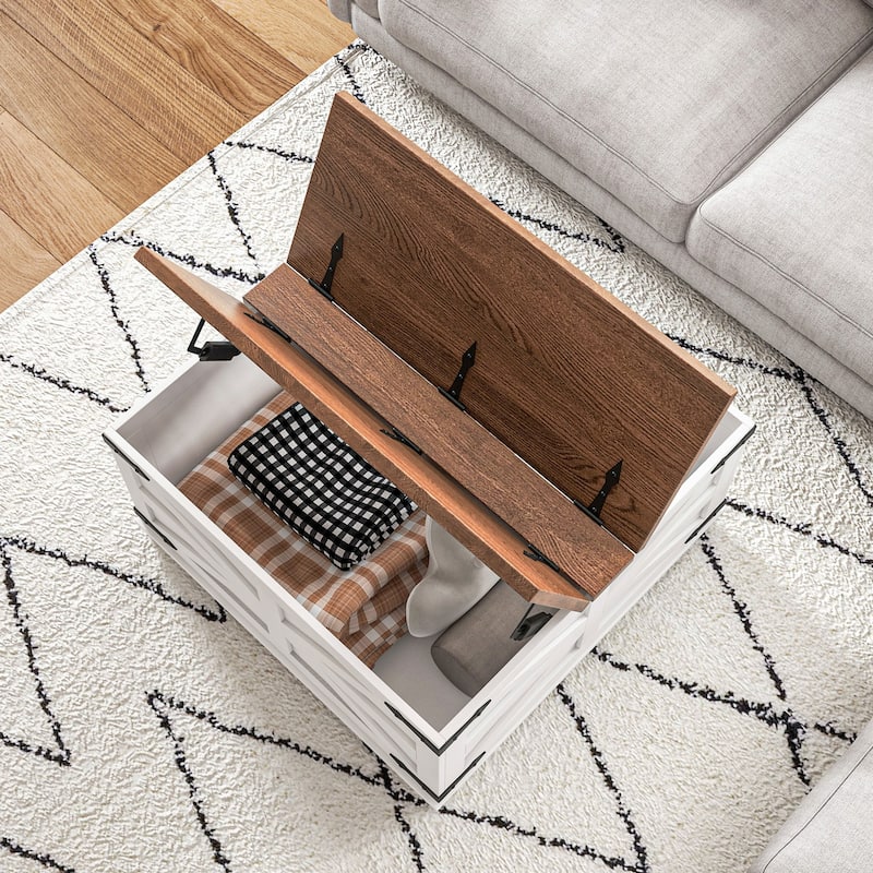 HOMCOM Farmhouse Coffee Table with Storage, Center Table with Hinged Lift Top and Hidden Space, Square Coffee Table
