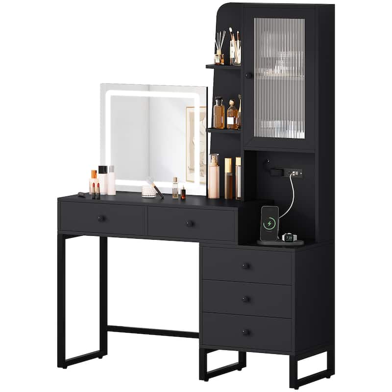 Moasis Makeup Vanity Desk with Mirror and Lights Vanity Table with Charging Station Storage Shelf - 15.7"D x 41.3"W x 62.6"H