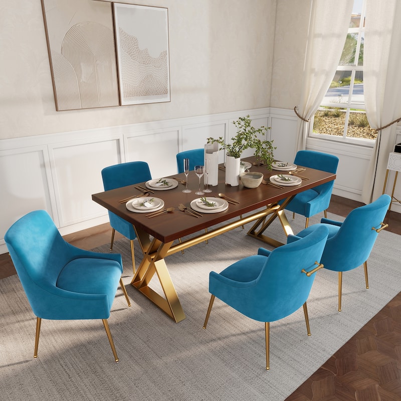 7-Piece Clihome Walut Wood Table with Velvet Chair Dining Chair - Blue