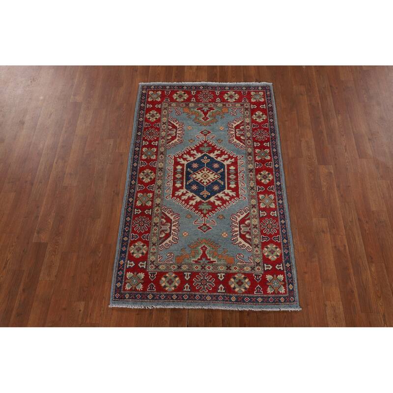 Light Blue Geometric Kazak Rug Handmade Traditional Wool Carpet - 3'0" x 4'11"