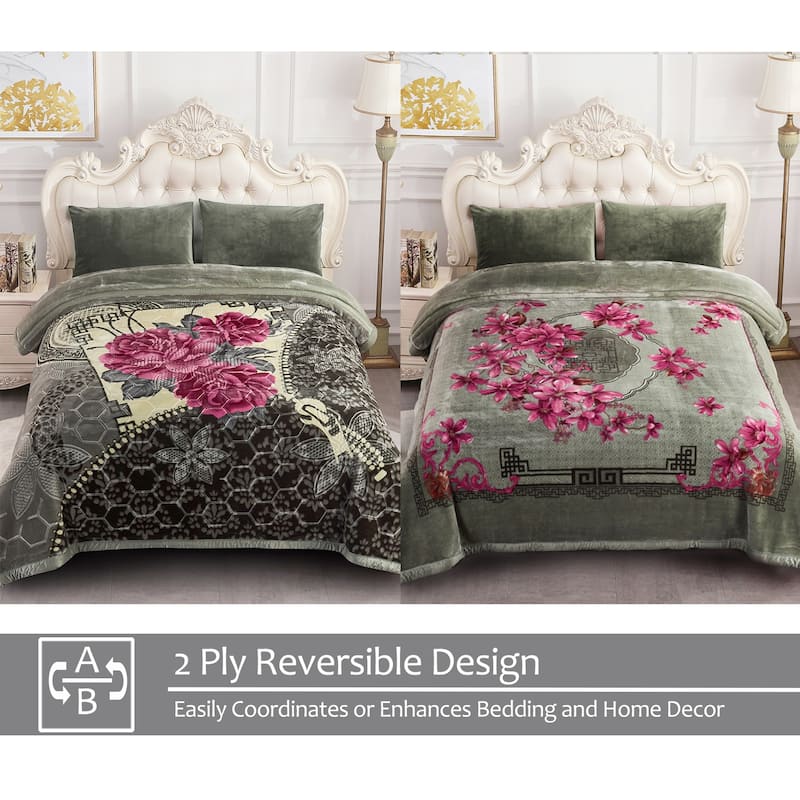 2 Ply A&B Printed Raschel Bed Blanket 85" x 95"-10 Pounds - Green Floral