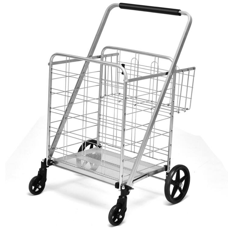Multi-Purpose Foldable Grocery Cart with 360 Degree Front Wheels and Large Basket and Back Storage - 25" x 25" x 40"(L x W x H) - Silver